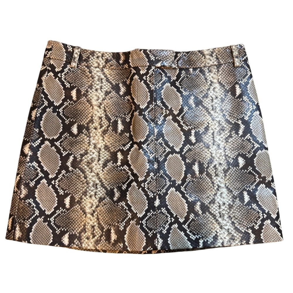 The Kooples Snakeskin Print Calfskin Leather Mini Skirt Grey Brown Medium